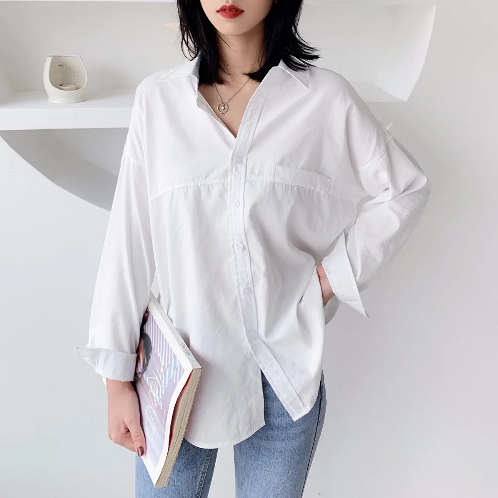 Femme Womens Casual Tops Fashion Fake Procket Solid Shirt Women Loose Long Sleeve Blouse Korean Woman Clothes  Femininas SW-033