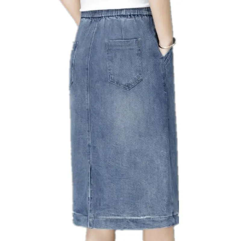 Женская джинсовая юбка эластичная облегающая до колен с высокой талией большие