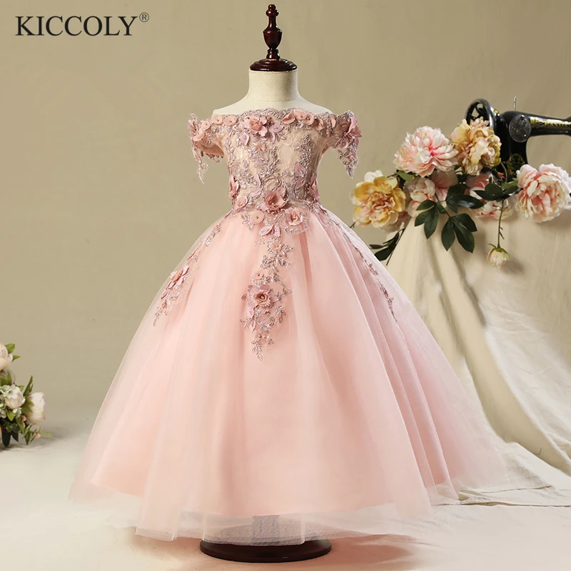 Off Shoulder first communion dresses for girls Vestido Daminha Casamento Luxury Ball Gown Pink Organza Flower Girl Dresses | Детская