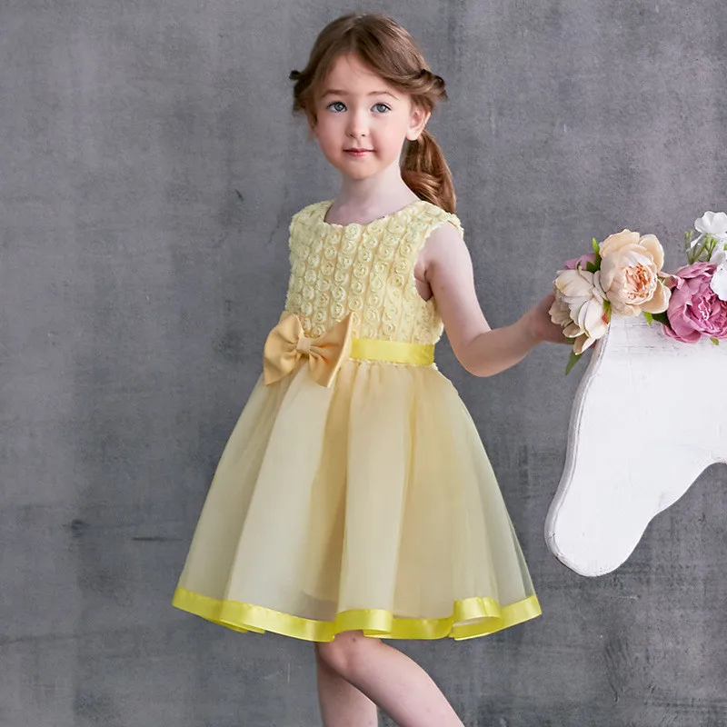 Pink Yellow Lace Mesh Flower Girl Dress KneeLength Round Collar with Rcued Bow Summer Clothes for 2 to 6 Years Children | Детская одежда