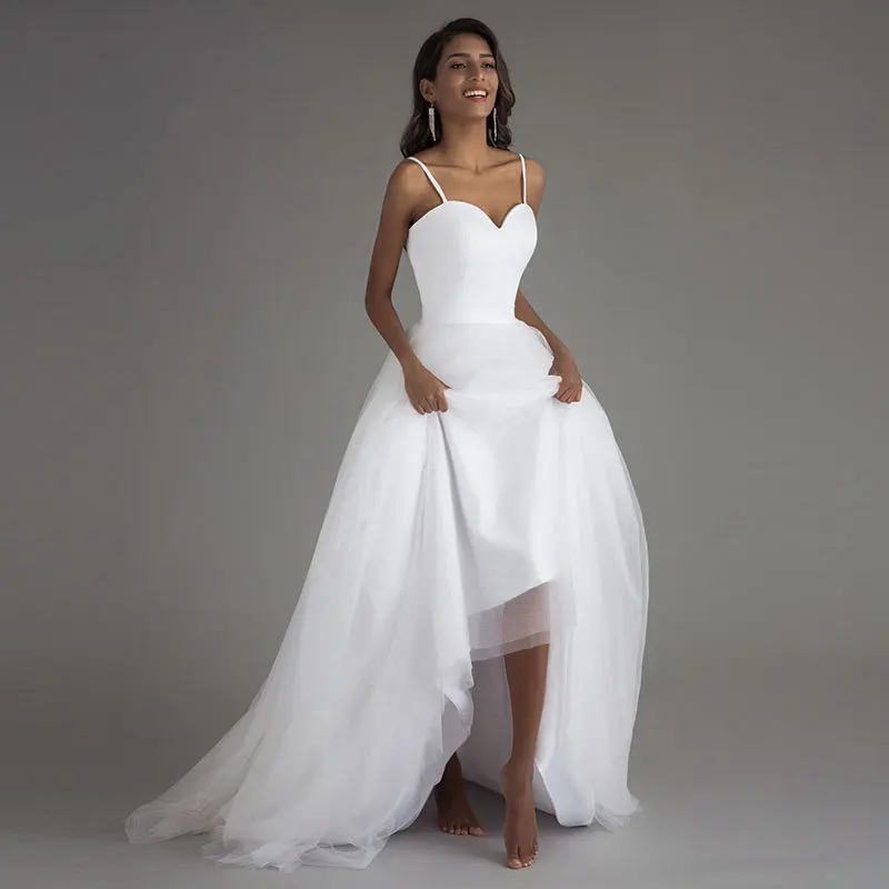

Custom Made 2019 Spaghetti Strap Beach Dresses for Wedding Vestido Noiva Praia Simple White Tulle Casamento Princess Bridal Gown