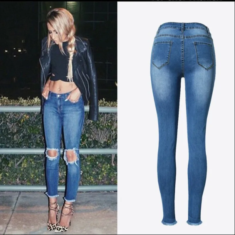 

Women Vintage Tassel Hole Jeans Sexy High waist Denim Pencil Pants Female Casual Pants Capris Trousers