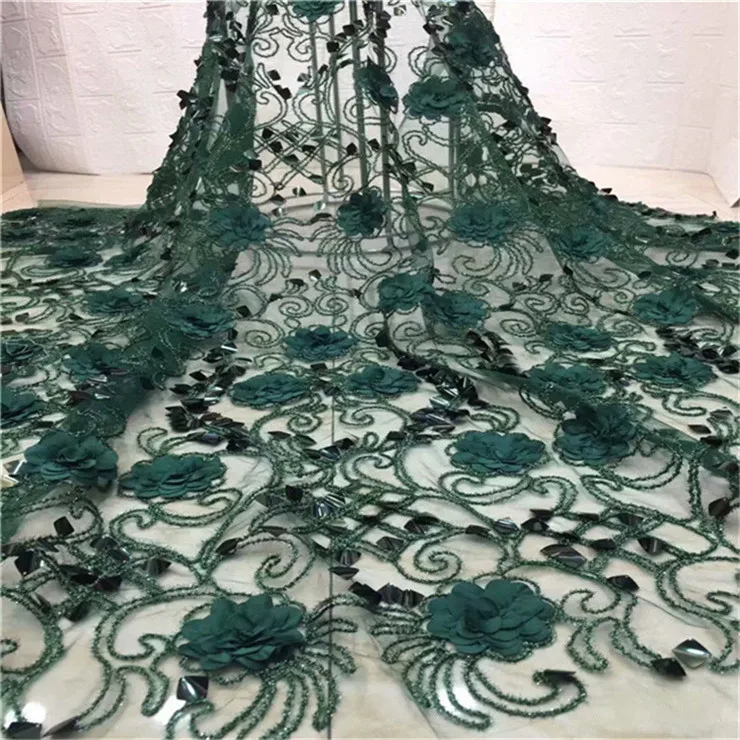 

Very Good Quality Applique Design Lace Fabric lake blue 3d sequins Tulle French Lace With 3d flowers Wedding party dress lace