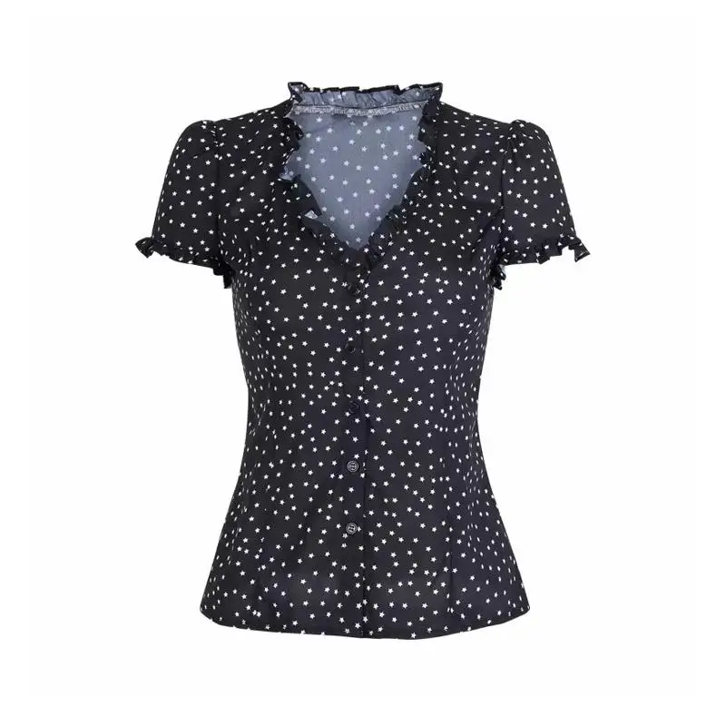 Винтажные Женские топы и блузки летняя пикантная шифоновая блузка с оборками V