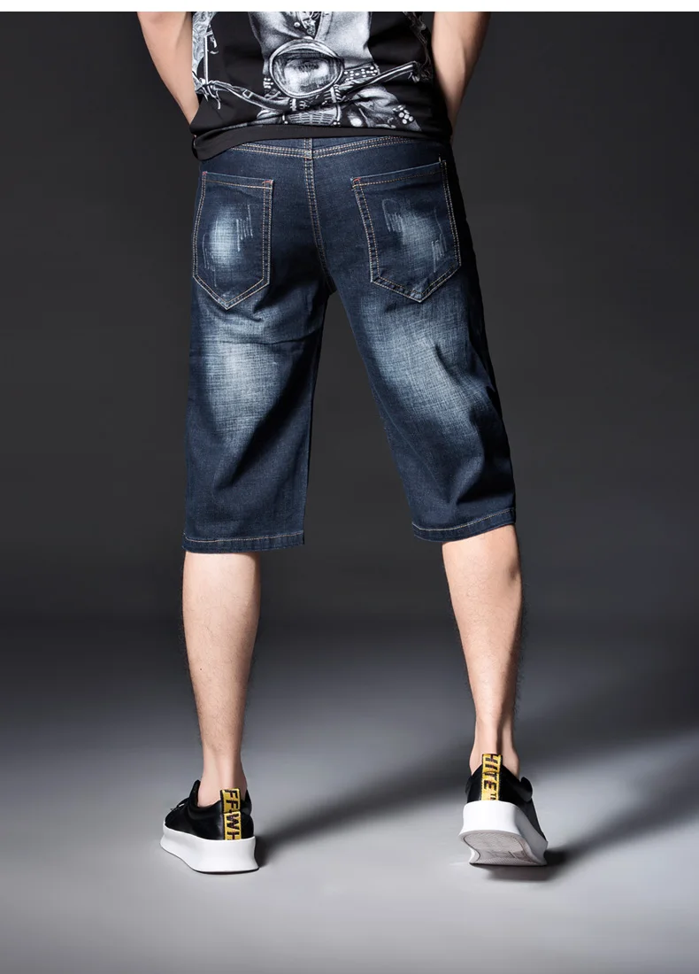Мужские шорты с вышивкой тигра прямые эластичные голубые джинсы синие летние для