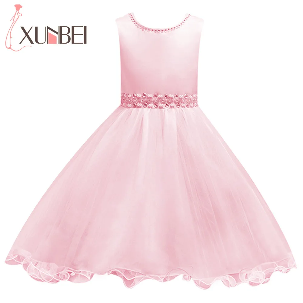 

Lovely Pink Ball Gown Short Flower Girl Dresses 2019 Beaded Pearls First Communion Dresses For Girls Pageant Dress