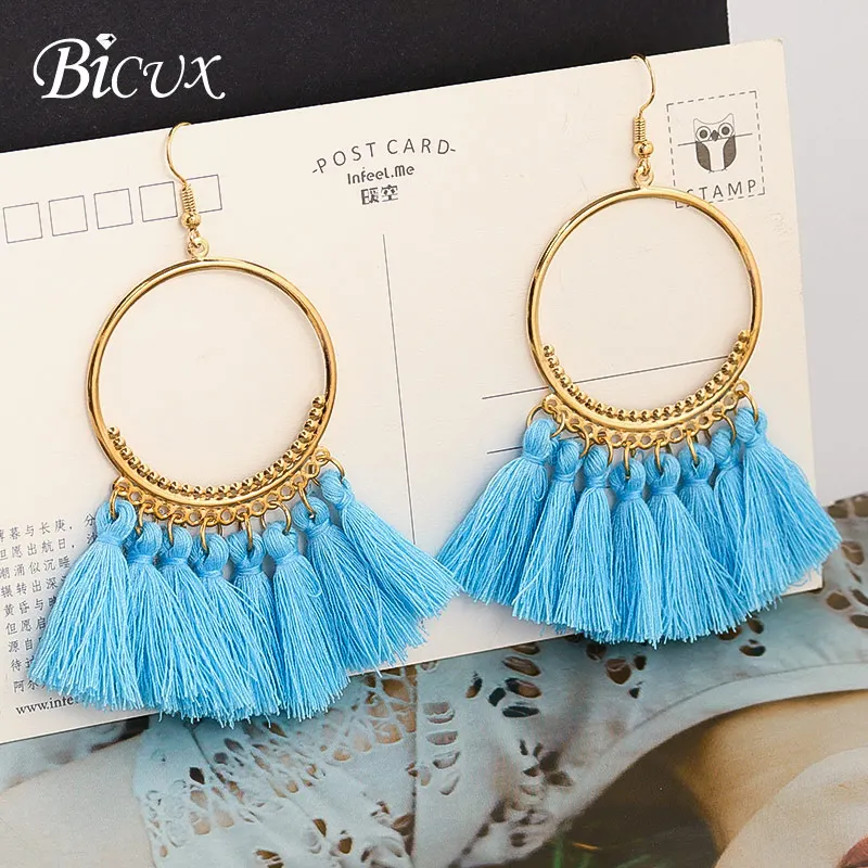 Light blue 5 BICUX, модные богемные массивные серьги с большими кисточками,, красные, желтые, зеленые, шелковые висячие серьги из ткани для женщин, ювелирные изделия - Окраска металла: Light blue 5