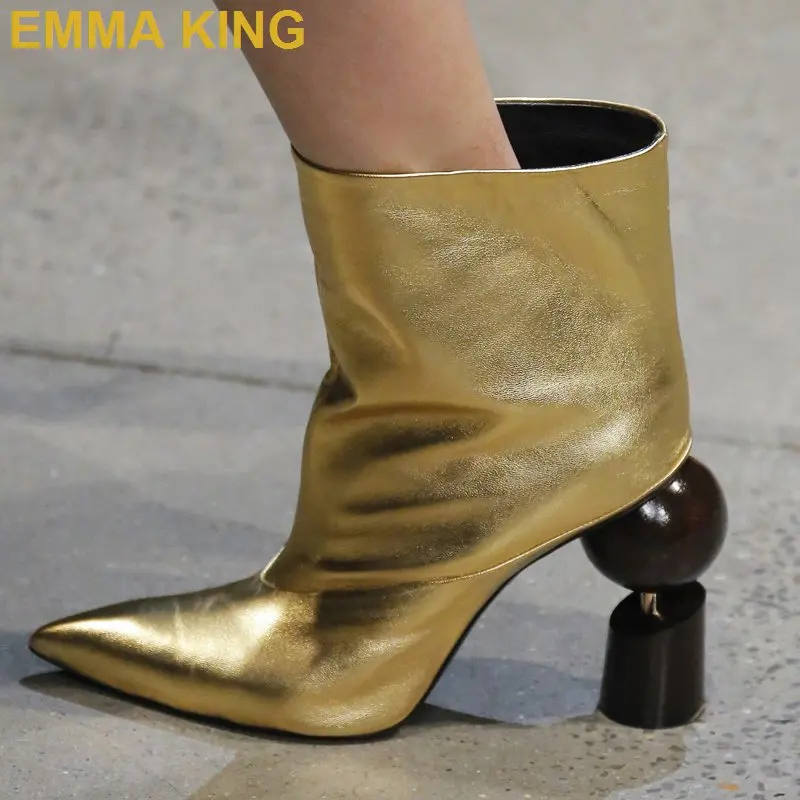

Fashion Gold Leather Booties T Show Short Boots Runway Shoes Strange Heels Women Ankle Boots Pointy Toe Slip On Party Club Boots