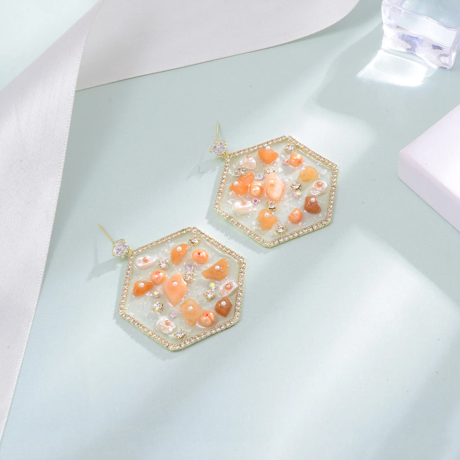 Hexagon Orange Stone Drop Earrings For Women New Copper Crystal Pearl Earring Fashion Jewelry pendientes mujer 2020 D20 | Украшения и