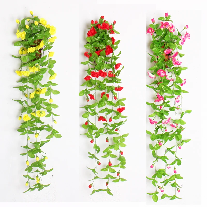 

High Simulation Artificial silk rose flower vine hanging vines wall for home wedding party decoration Wall Hanging Basket Flower