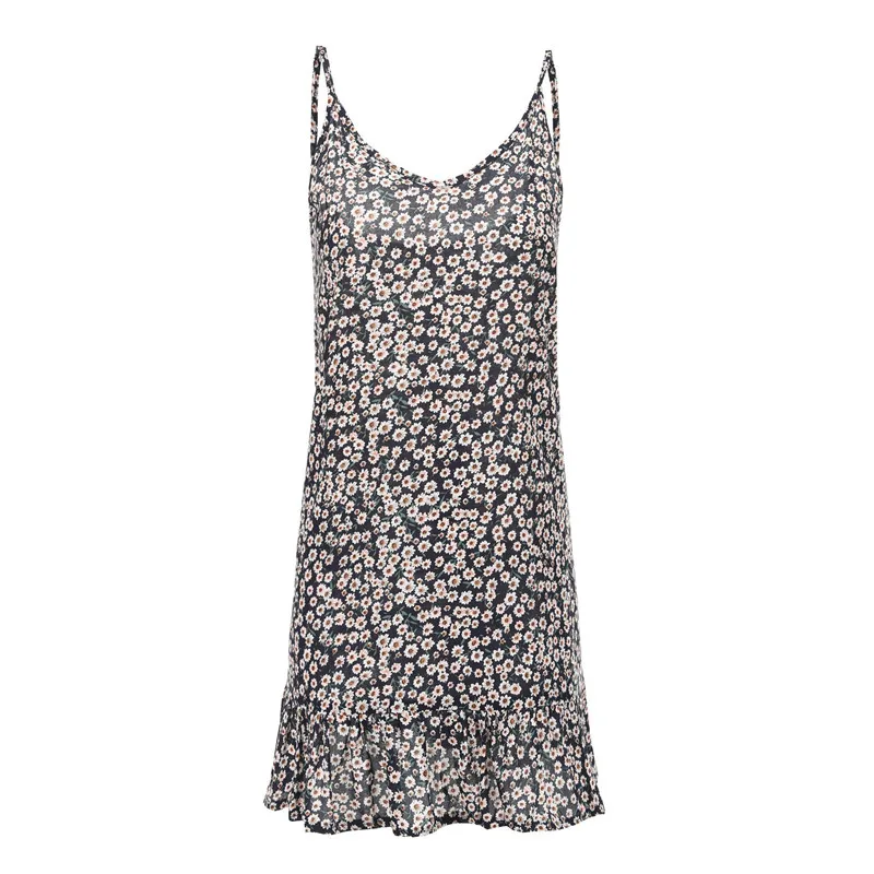 Blue Floral dress Nadafair прямое платье на бретельках с v-образным вырезом, женское платье с рюшами и цветочным принтом, летнее платье в стиле бохо, повседневное свободное пляжное мини-платье - Цвет: Blue Floral dress