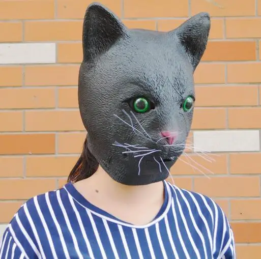 Фото Высококачественная маска для костюмированной вечеринки черного цвета Katze Meow Kopf, латексная маска для косплея на Хэллоуин, все лицо, черная голова кошки, голова кошки №3