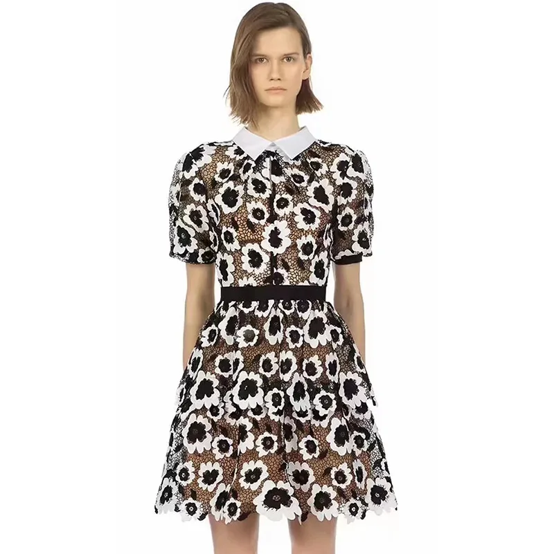 HIGH QUALITY Newest Fashion Designer Runway Dress Women's Short Sleeve Contrast Collar Lace Dress