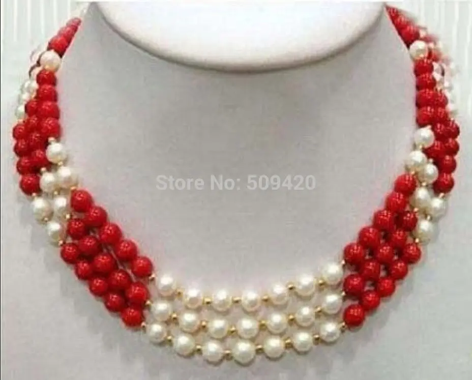 ~~ W&ampO655 &gt 3 Rows Real White Pearl Red Coral 18KGP Clasp Necklace 17:-19&quot | Украшения и аксессуары