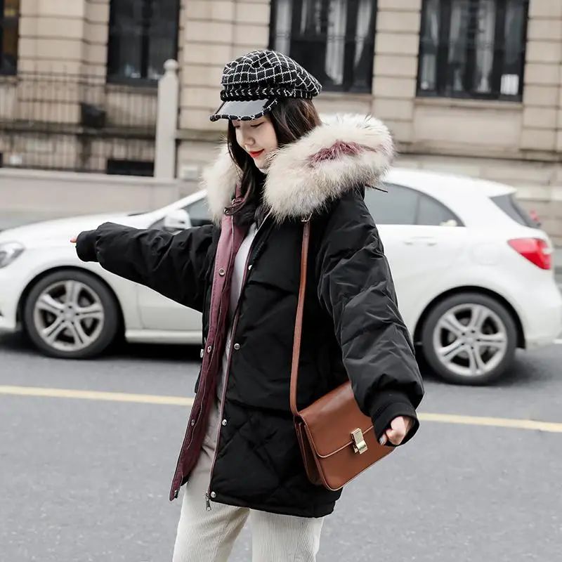 FTLZZ Women Winter Jackets White Duck Down Large Natural Raccoon Fur Hooded Parkas Warm Female Down Coat Snow Outwear - Color: Black
