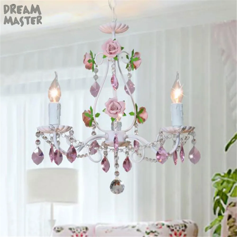 

Modern white pink rose decor pendant light for dining room girl kids bedroom. Romantic crystal flower raindrop art hanging lamp