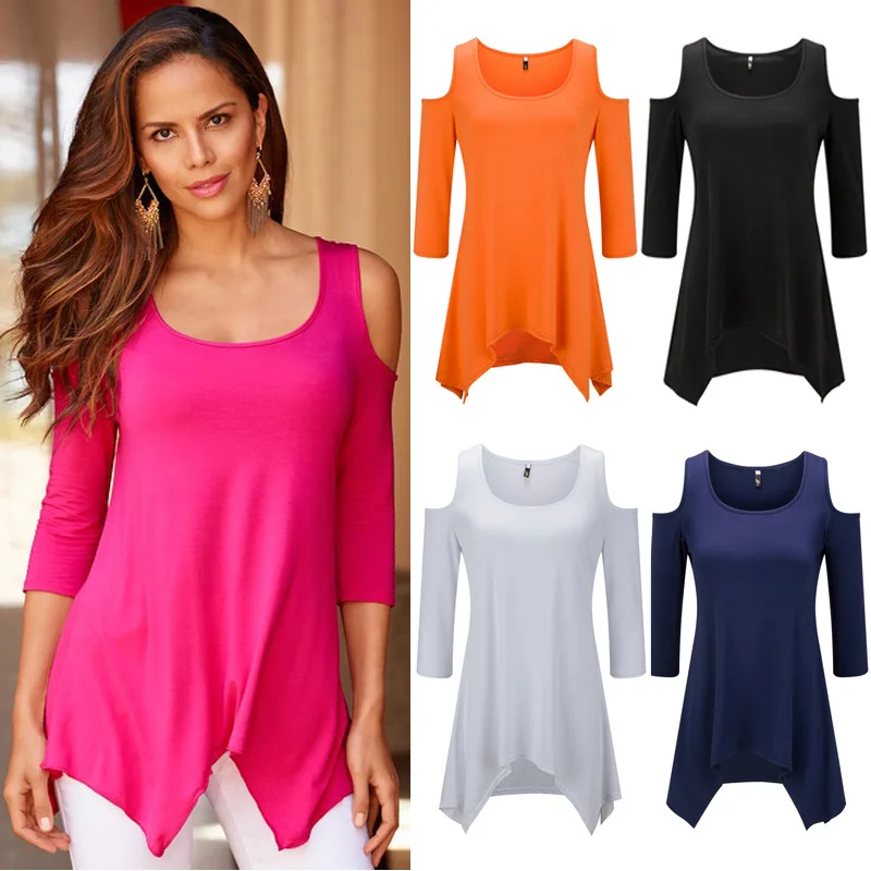 Женская футболка с круглым вырезом однотонная свободная открытыми плечами и