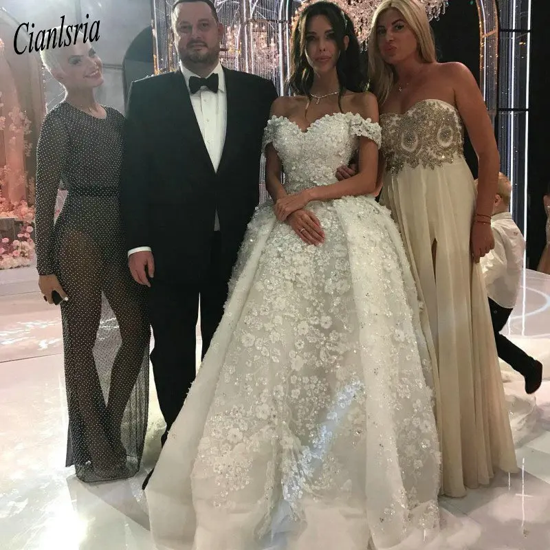 Romantic Flowers Ball Gown Lace Wedding Dress 2020 Luxury Cathedral Train Vestido De Noiva Sexy Cap Sleeve Wedding Gowns