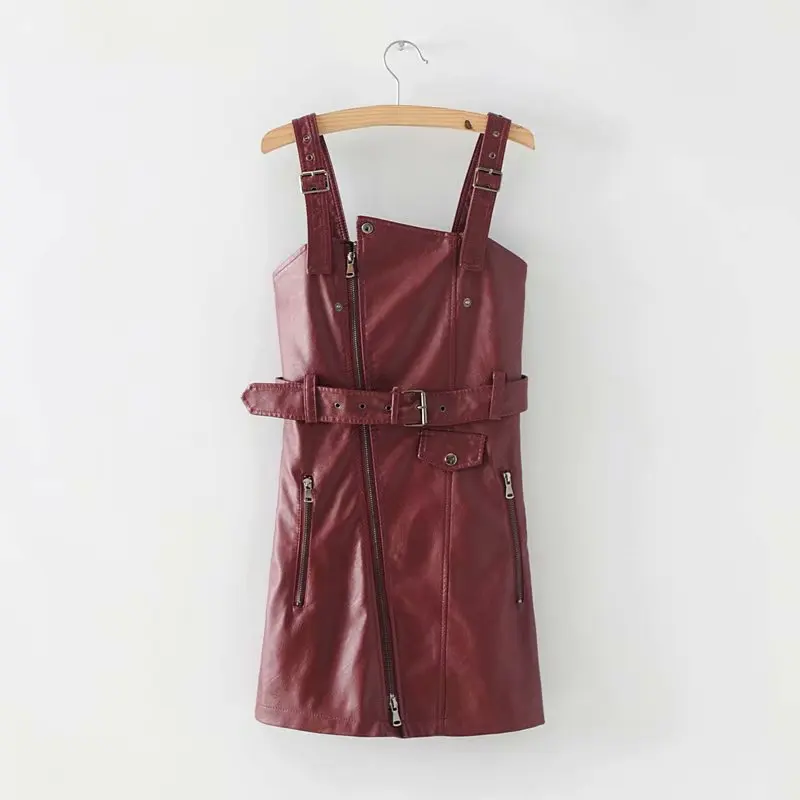 2018 PU Leather Women Dress Spring Summer Fashion Sashes Zipper Vintage Mini Dresses Slim Sexy V Neck Short Sundress | Женская одежда