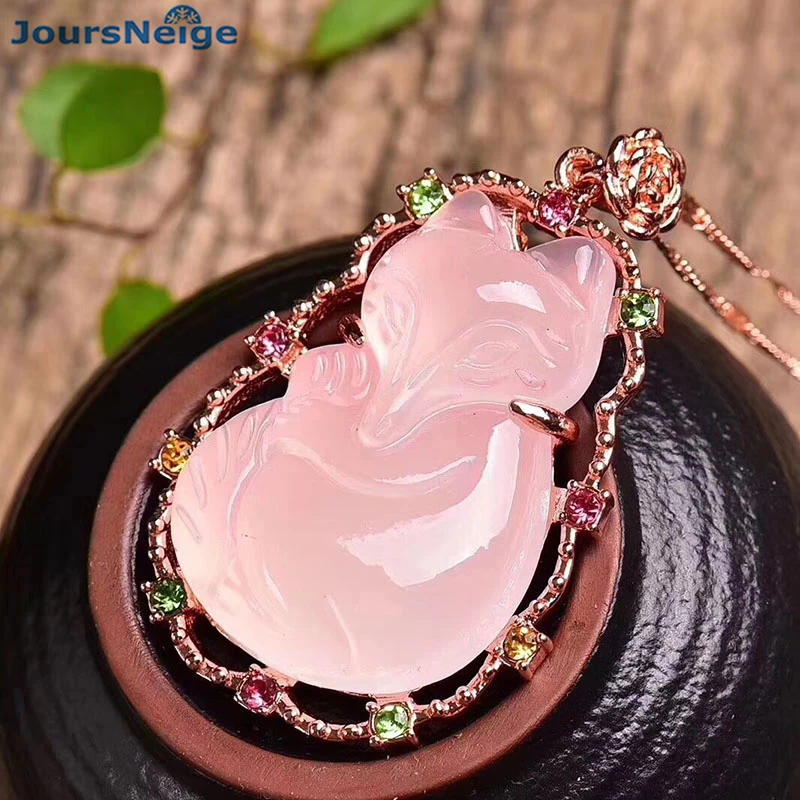 Прямая поставка натуральный розовый кристалл резная лиса подвеска цепочка