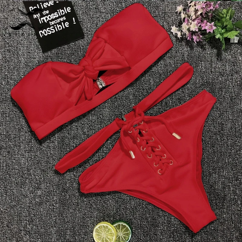 Bikinx Красный бандо купальник с узлом для женщин шнуровка высокая Талия бикини 2018