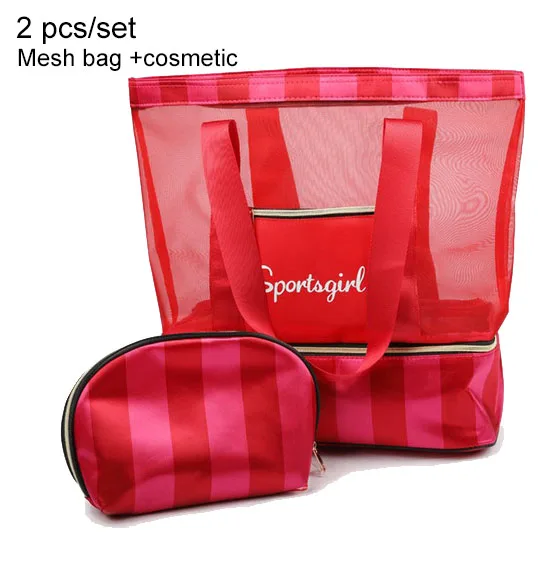 Red 2pcs Женская сумка для плавания, сетчатые сумки, сумки, сумки для влажной сушки, сетка, Tas, для бассейна, для пляжа, мешочек для подарков, Sac De Sport, полосатый, прозрачный, XA387WA - Цвет: Red 2pcs