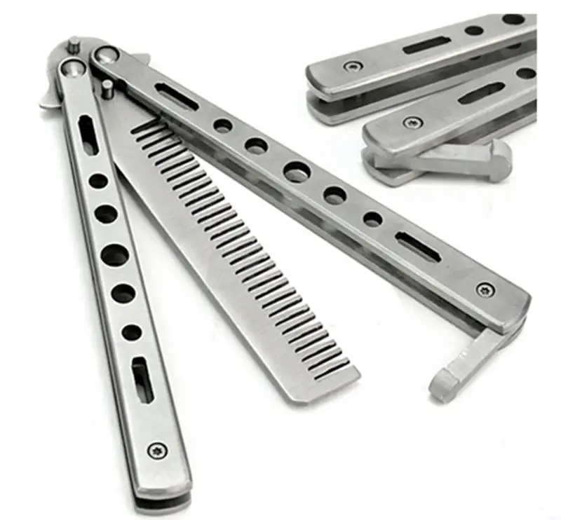 Black/Silver Stainless Steel Practice Training Butterfly Balisong Style Knife Comb Cool Hot Selling Hairbrush Salon Tools | Красота и