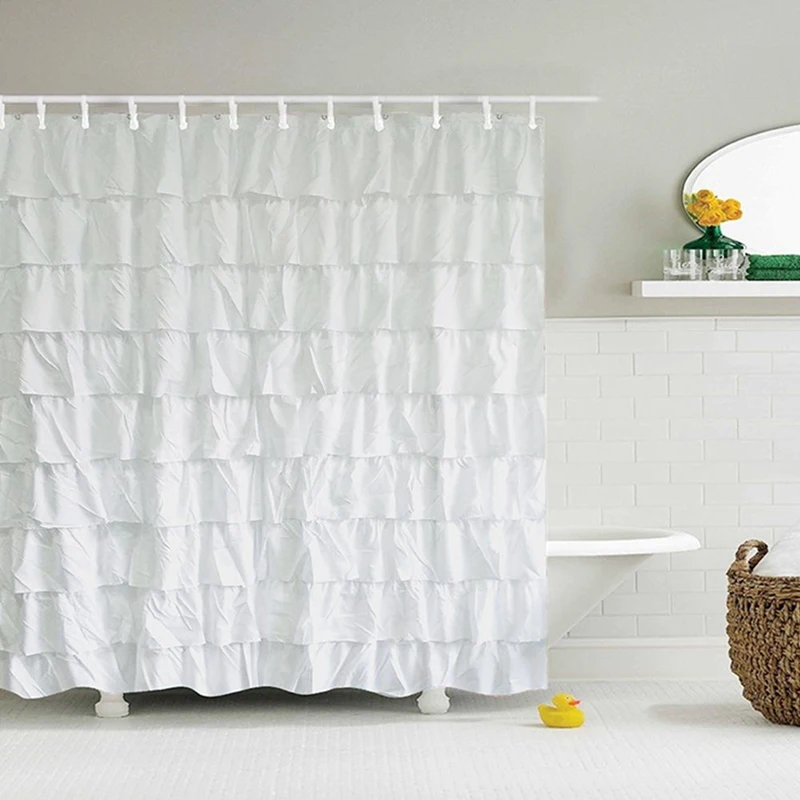 Plain Colour Waterproof Corrugated Edge Shower Curtain Ruffled Bathroom Decoration | Дом и сад