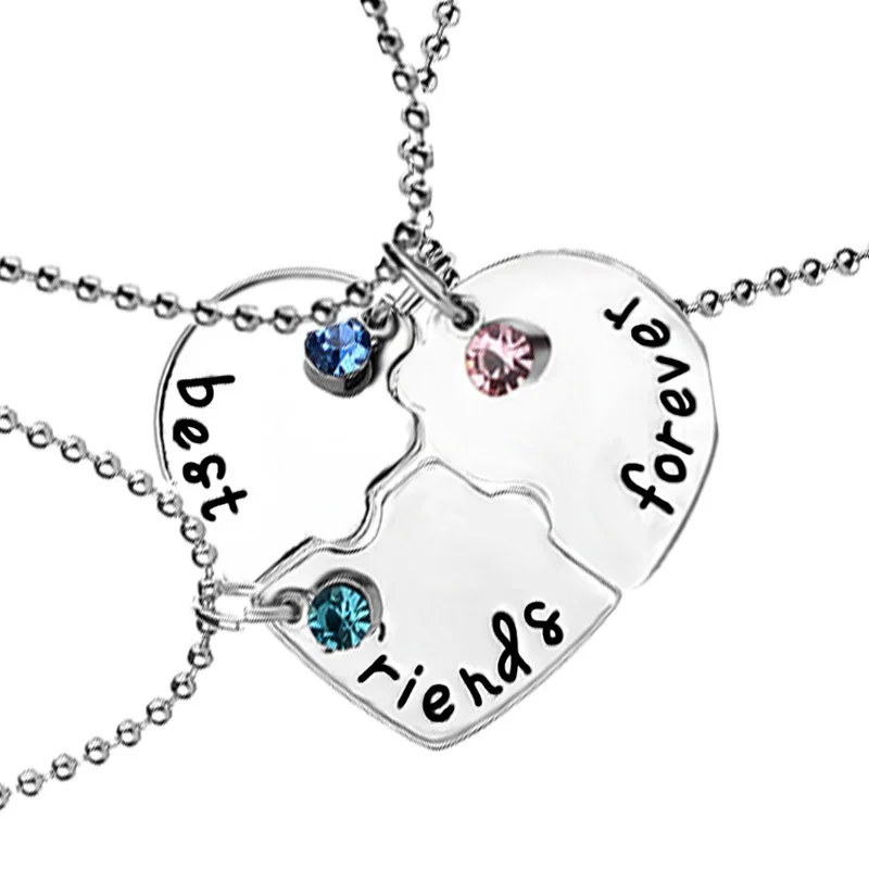 

Best Friends Forever 3pcs/set Stitching Heart Pendant Necklace Three Colors Crystal Couple Friendship Necklace Gift