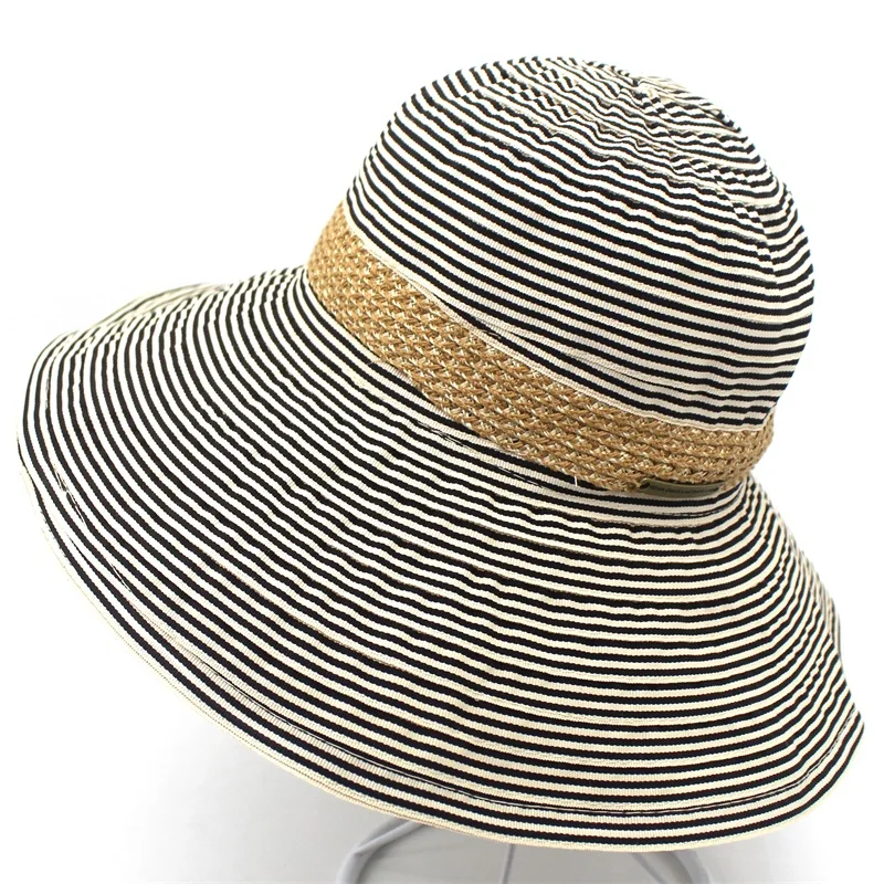 

Lanxxy 2019 New Summer Hats for Women Fashion Striped Sun Hat Wide Brim Panama Beach Cap Foldable Bucket Sunhat