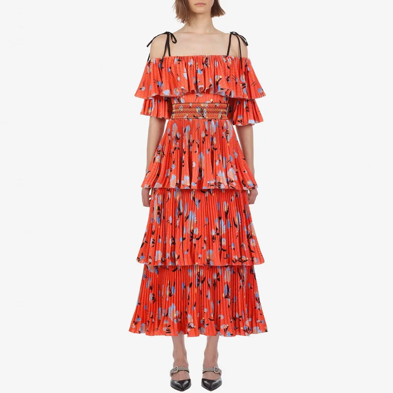 Женское шифоновое платье на бретельках модное многослойное средней длины с