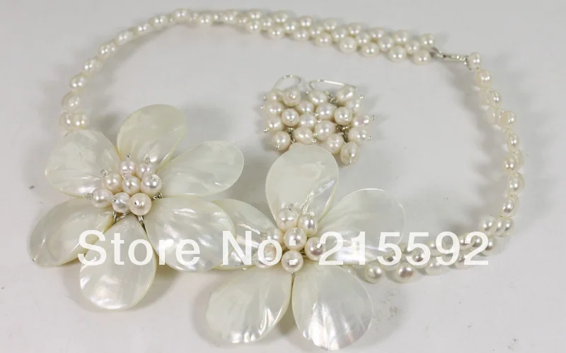 Ожерелье с белым пресноводным жемчугом и ракушками комплект ювелирных изделий