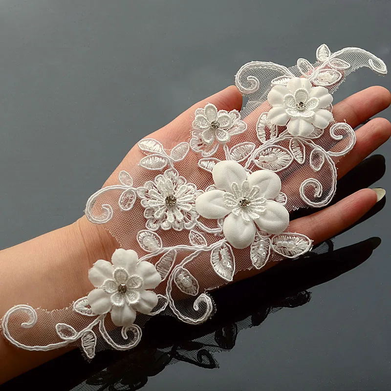 3D бисерные кружевные аппликации вышитые цветы Стразы кружевная отделка ткань свадебное платье кружево для свадебной вуали мотивы поделки своими руками - Цвет: ivory diamond