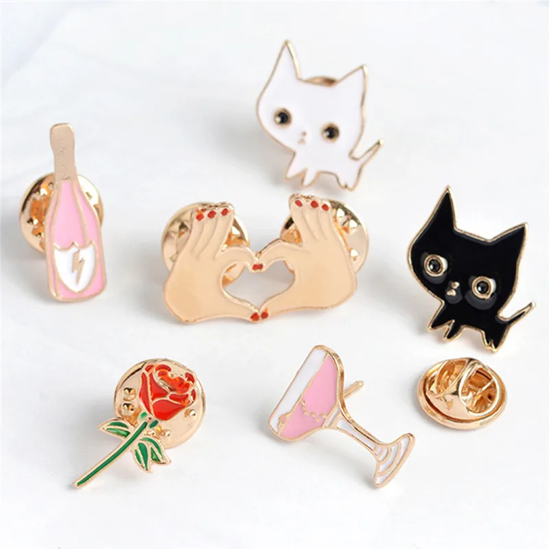 Брошь в виде животного из мультфильма цветок розы форме сердца Белый Кот Черный