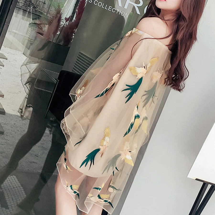 Женское летнее платье с вышивкой Boho прозрачное Сетчатое длинными рукавами