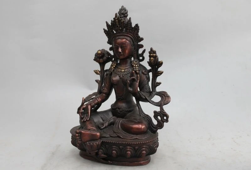 9&quot Tibetan Buddhism red Bronze Copper Bodhisattva Tara (Green) Kwan-yin Statue a 0518 | Дом и сад