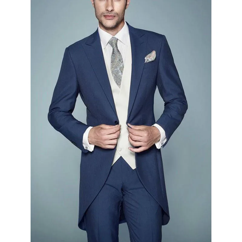 

New Blue Groom men Tuxedos Best Man Suit Peaked Lapel Groomsman Men's Wedding Suits Bridegroom suit ( jacket+Pants+vest+tie)