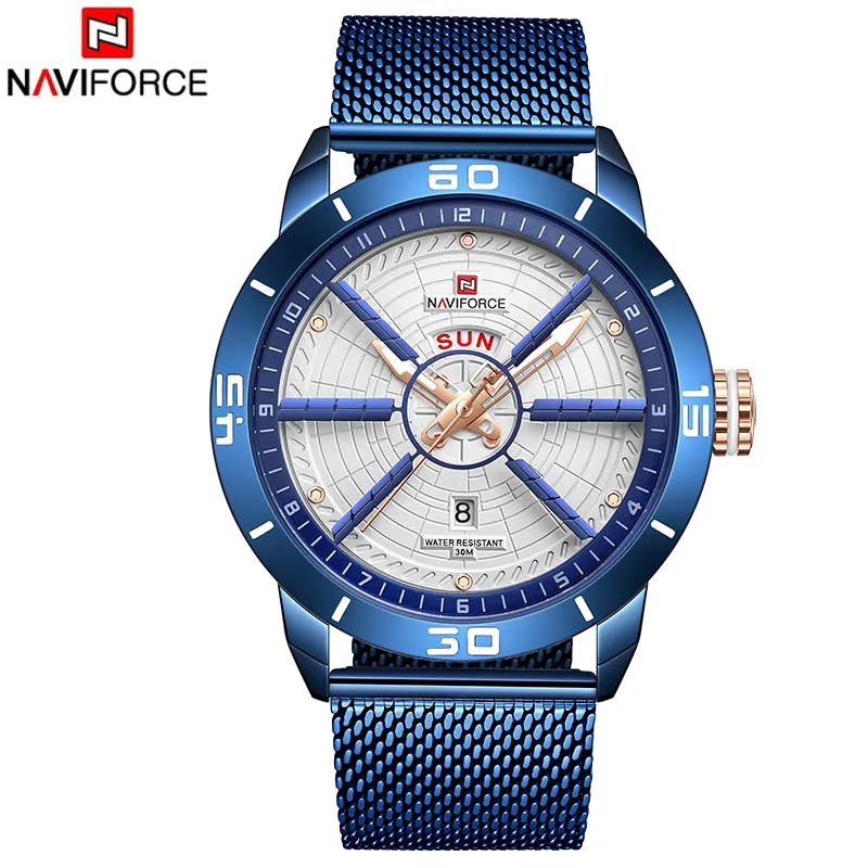 Blue Blue White NAVIFORCE, мужские часы, кварцевые, с датой, нержавеющая сталь, водонепроницаемые часы, мужские, синие, люксовый бренд, мужские наручные часы, мужские часы - Цвет: Blue Blue White