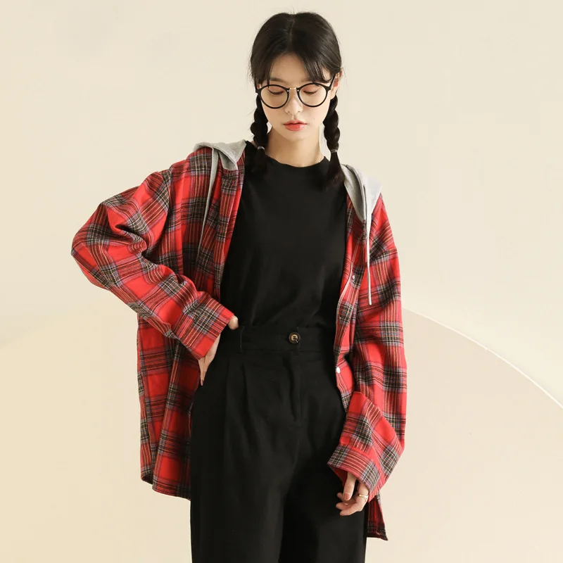 Womens Tops and Blouses Autumn Winter Vintage Plaid Long sleeve Shirt women Harajuku Hooded Shirts Plus size Female Blouse GP832 |