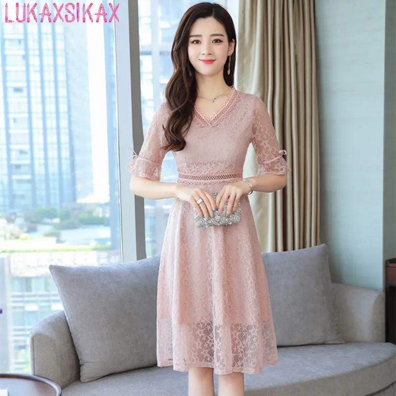 LUKAXSIKAX 2019 женское летнее платье высокого качества с коротким рукавом и V-образным