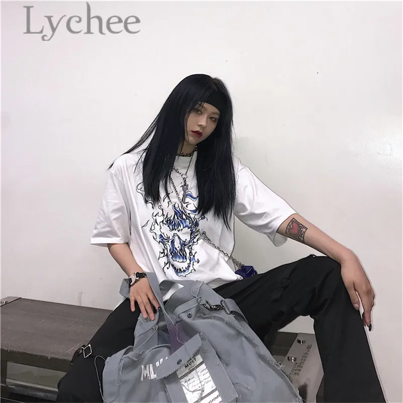 Lychee Harajuku Ghost Flame Print Lady Футболка Топ тройники круглый вырез свободный короткий рукав весна лето женские футболки Топ тройники