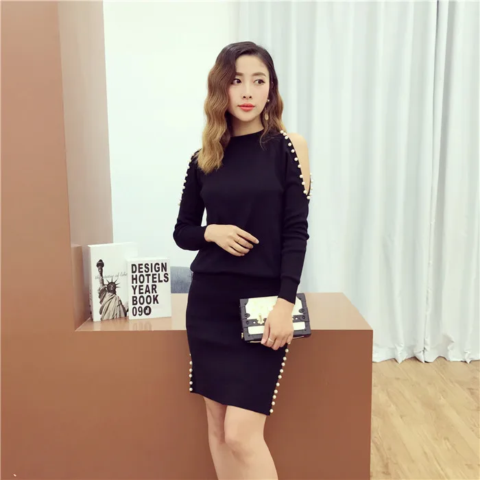 [Alphalmoda] Весна Новое поступление женский с открытыми плечами вышитый бисером вязаный юбки костюмы с длинными рукавами свитер Топ Облегающие юбки-карандаш наборы - Цвет: Черный