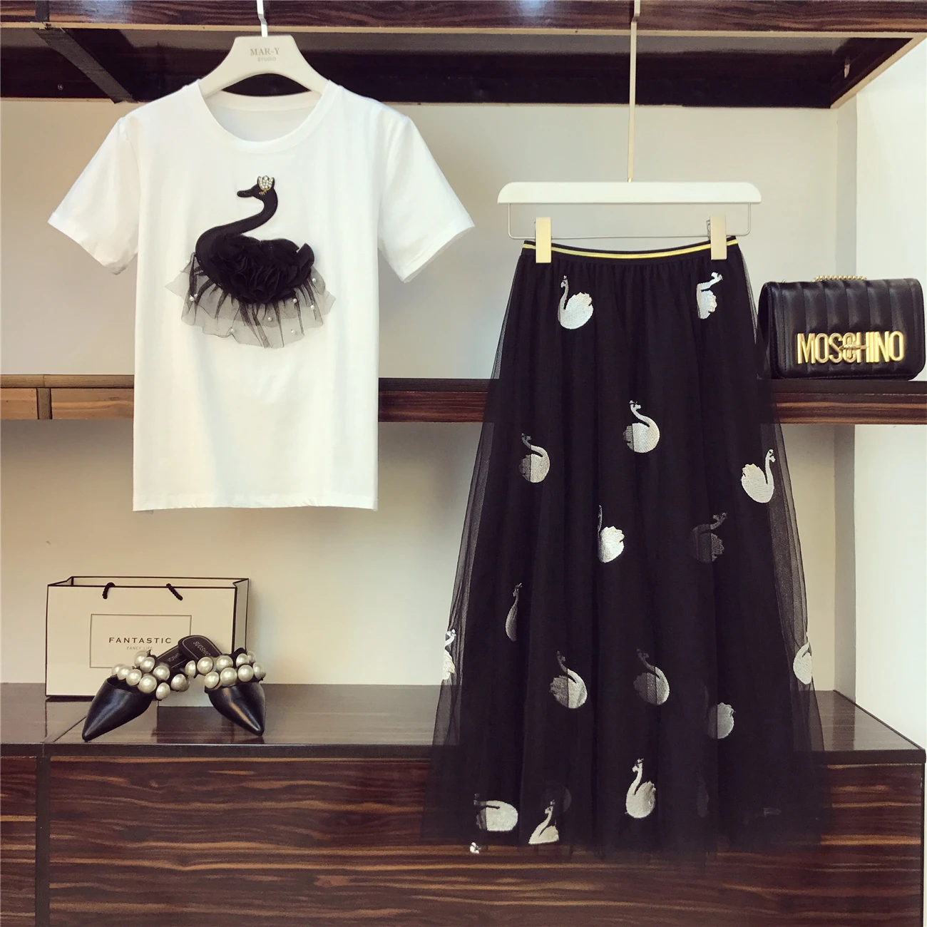 ALPHALMODA 2019 вышитая Лебедь жемчуг короткий рукав Футболка до середины икры марлевая