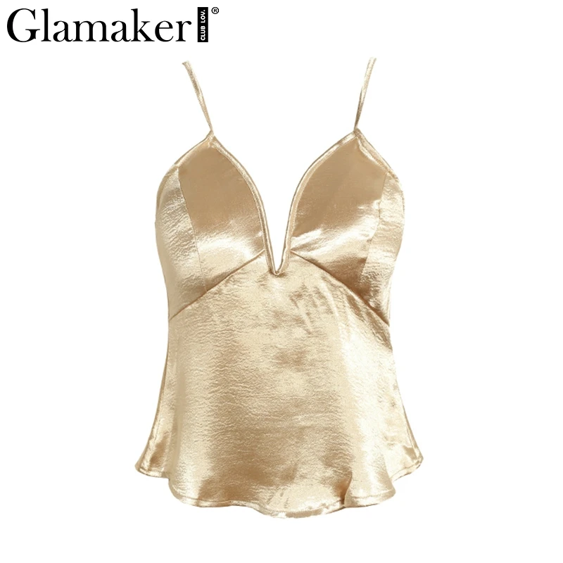 Glamaker, роскошный атласный сексуальный топ на бретелях, женская одежда, для пляжа, фитнеса, Летний Топ для женщин, v-образный вырез, Клубные, вечерние,, camisoles& tanks cami