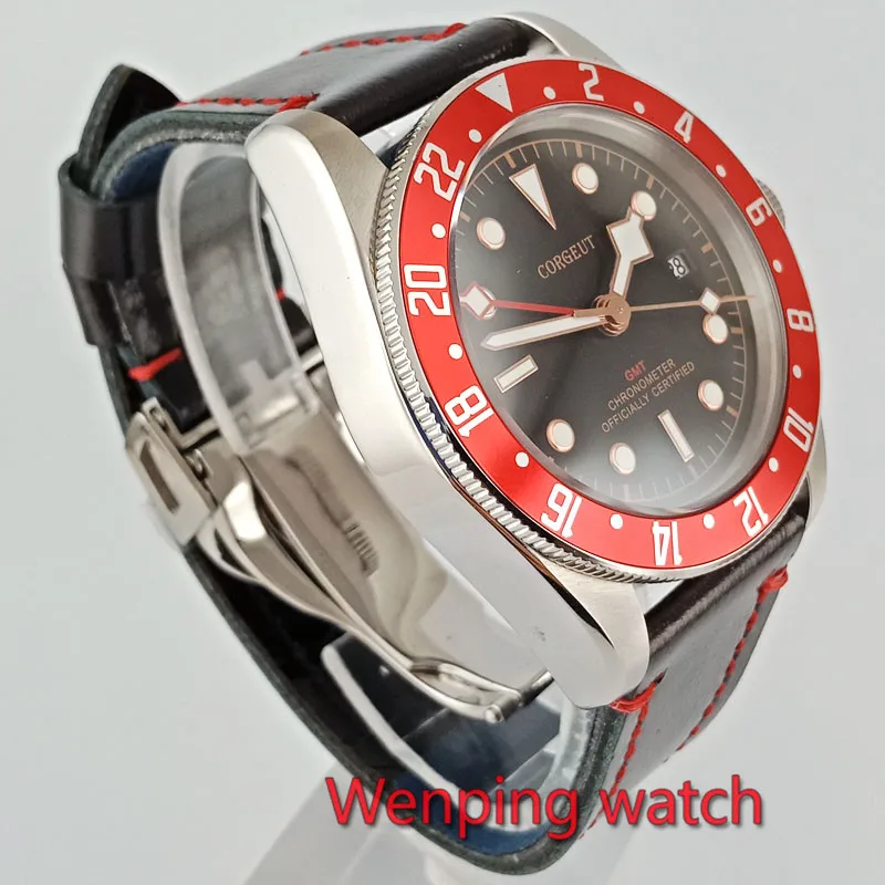 41 мм Corgeut часы Водонепроницаемость красный GMT руки сапфировое стекло