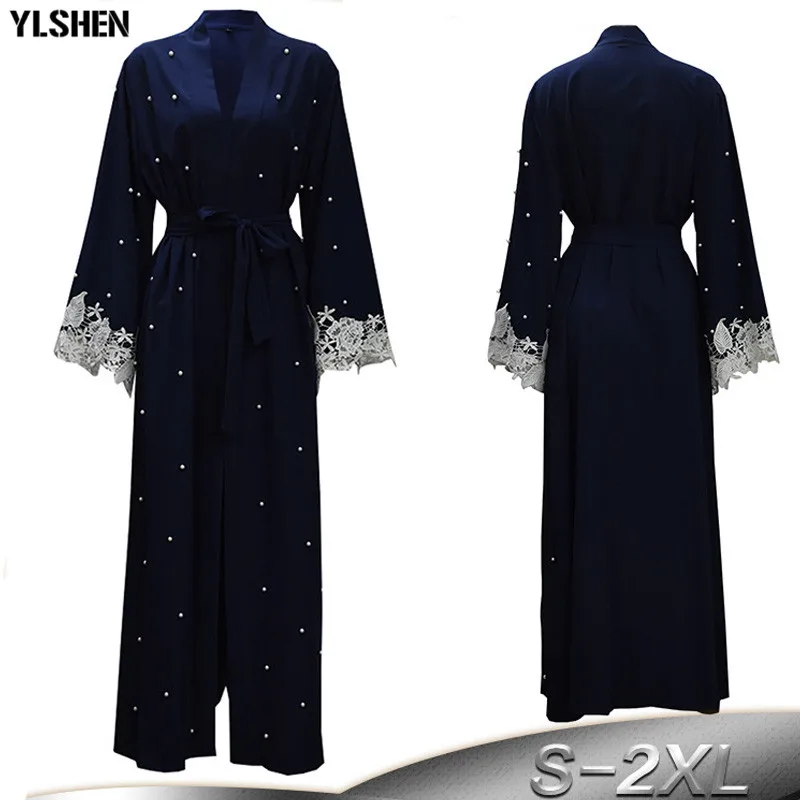 

Plus Size Muslim Dress Robe Malaysia Hijab Abaya Dubai Kaftan Women Beading Pearl Lace Kimono Cardigan Turkish Islamic Clothing