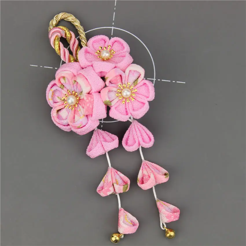 Pink tassels Японский стиль tsuami Kanzashi Розовый Красный Цветок сакуры заколка для волос кимоно гейши ручной работы головной убор HW001 - Цвет: Pink tassels
