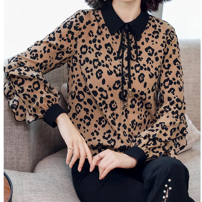 nvyou gou Ladies Leopard Print Top Summer Fashion Loose Ruffle Sleeve Chiffon Blouse Office Lady Bow Tie Neck Casual Shirt |