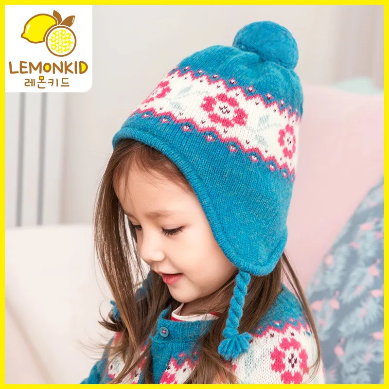 LEMONKID ponytail Bomber Hats For kids flower cap Autumn Winter Big Pom Knit Warm Thick Cable Earflap Ear Protection Child |