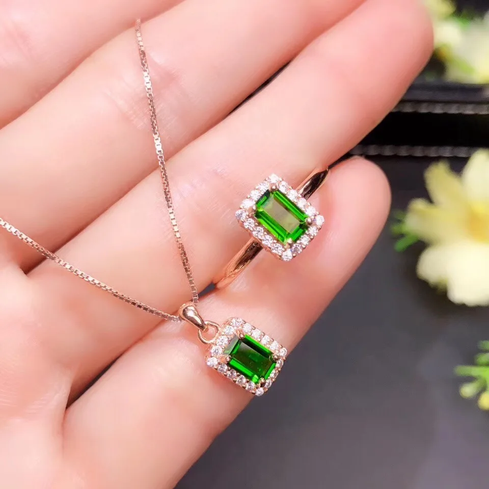 elegant rectangle green diopside pendant for necklace real 925 silver material natural gem clear gold plated color | Украшения и